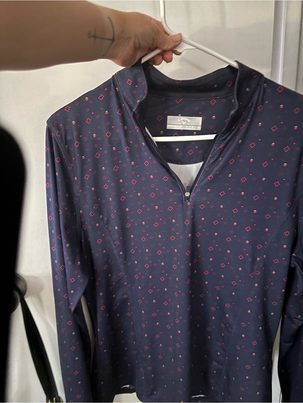 Women's Navy Quarter-Zip Long Sleeve Top with Pink Dot Print